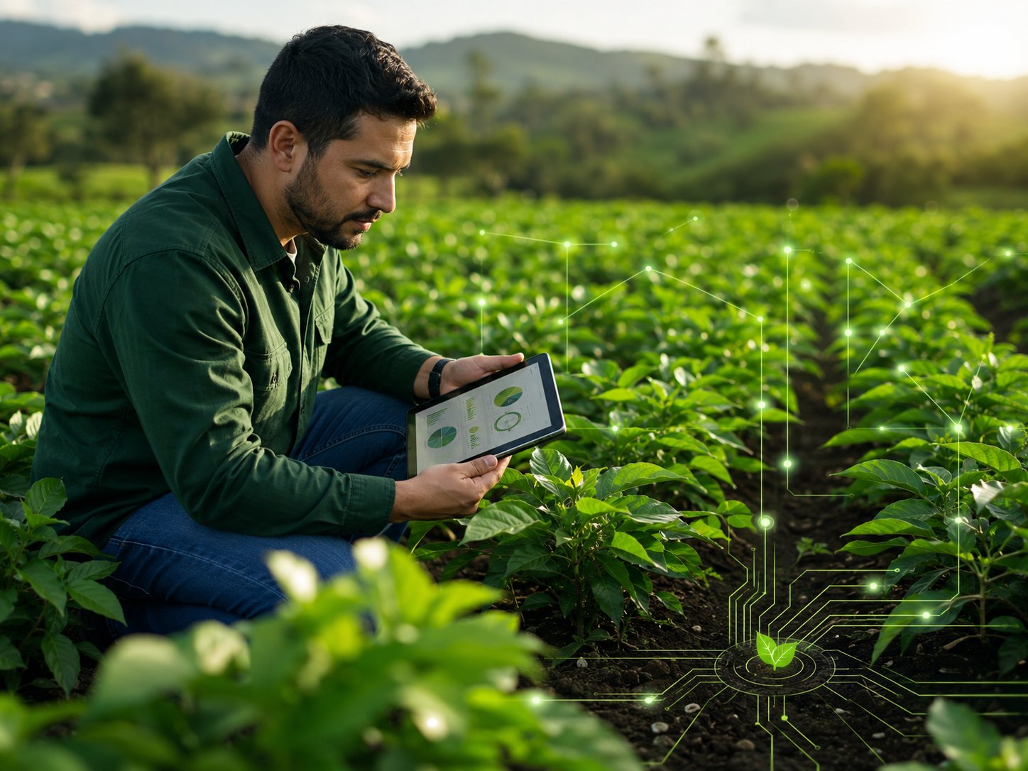 Agrónomo monitoreando cultivo con tecnología inteligente